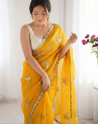 mustard embellished sequinned satin designer saree 4