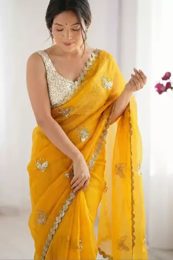 mustard embellished sequinned satin designer saree