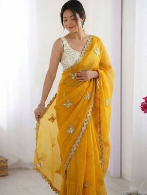 mustard embellished sequinned satin designer saree 1