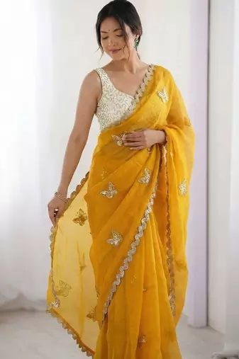 mustard embellished sequinned satin designer saree