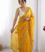 mustard embellished sequinned satin designer saree