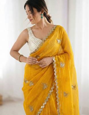 mustard embellished sequinned satin designer saree 5