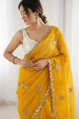 mustard embellished sequinned satin designer saree