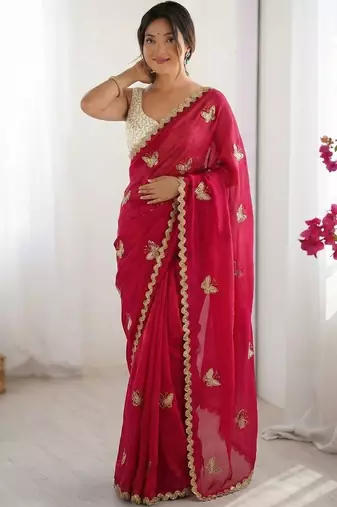 Pink embellished sequinned satin designer saree