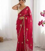 Pink embellished sequinned satin designer saree