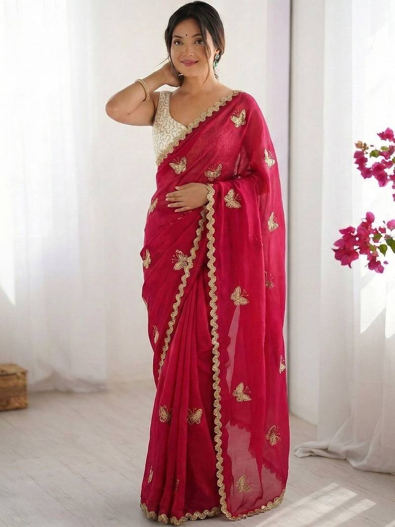 Pink embellished sequinned satin designer saree