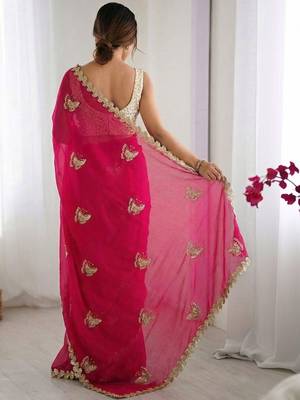 Pink embellished sequinned satin designer saree 2