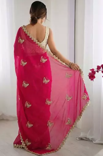 Pink embellished sequinned satin designer saree