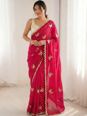 Pink embellished sequinned satin designer saree 3