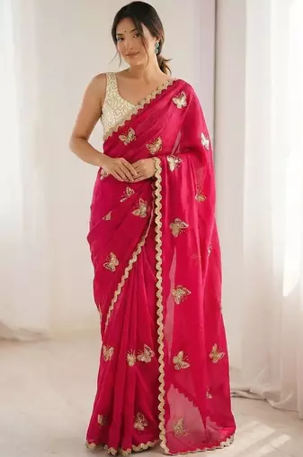 Pink embellished sequinned satin designer saree