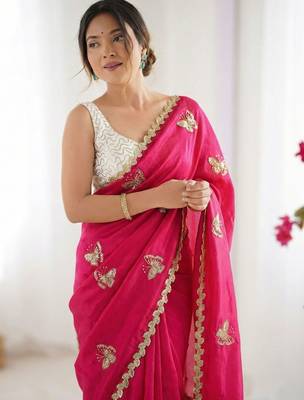 Pink embellished sequinned satin designer saree 4