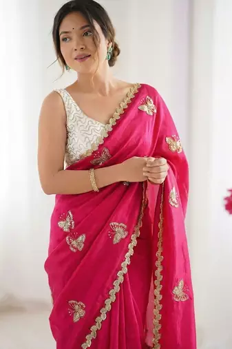 Pink embellished sequinned satin designer saree