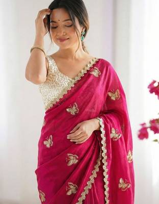 Pink embellished sequinned satin designer saree 5