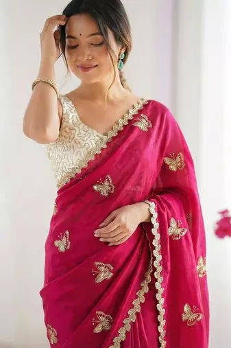 Pink embellished sequinned satin designer saree