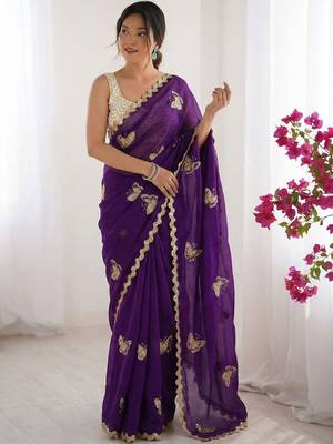 Purple embellished embroidered satin designer saree 1