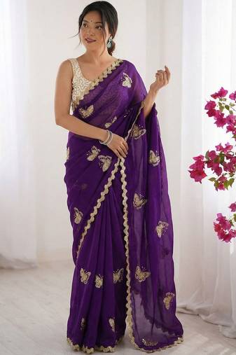 Purple embellished embroidered satin designer saree