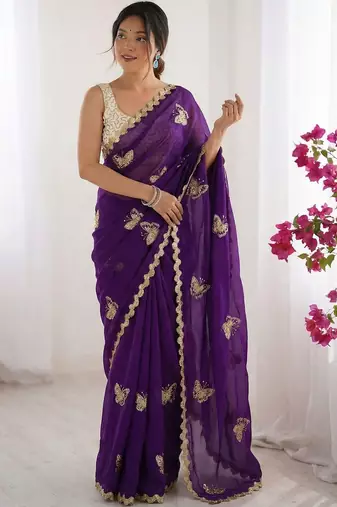 Purple embellished embroidered satin designer saree