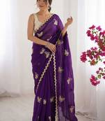 Purple embellished embroidered satin designer saree
