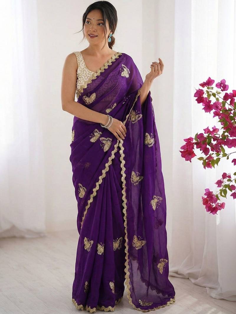 Purple embellished embroidered satin designer saree