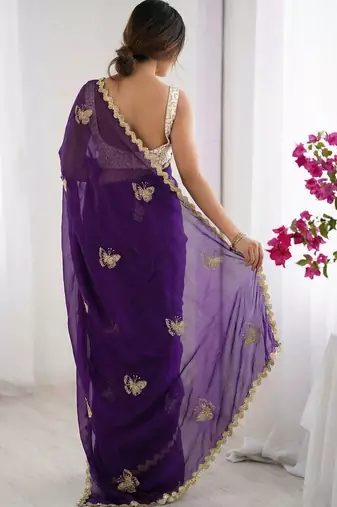 Purple embellished embroidered satin designer saree