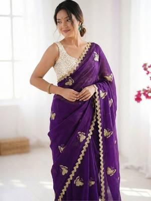 Purple embellished embroidered satin designer saree 3