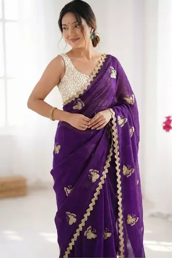 Purple embellished embroidered satin designer saree
