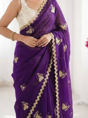Purple embellished embroidered satin designer saree 4