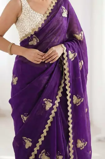 Purple embellished embroidered satin designer saree
