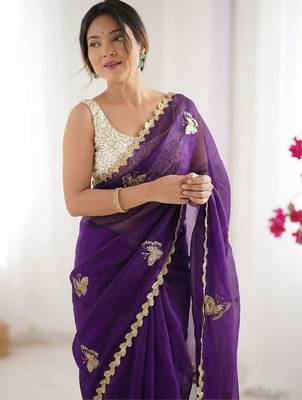 Purple embellished embroidered satin designer saree 5