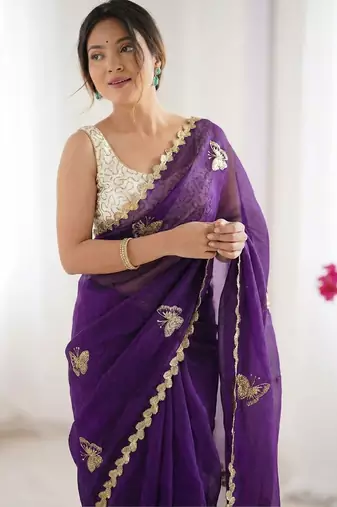 Purple embellished embroidered satin designer saree
