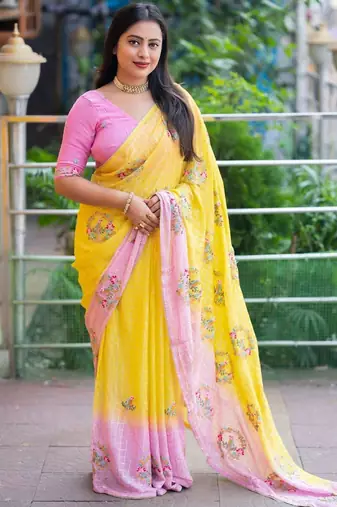 yellow floral embroidered pure georgette saree