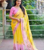 yellow floral embroidered pure georgette saree