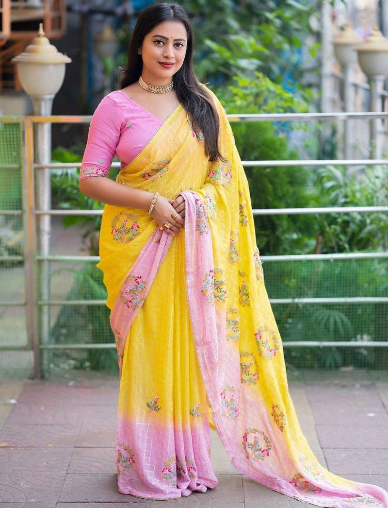 yellow floral embroidered pure georgette saree