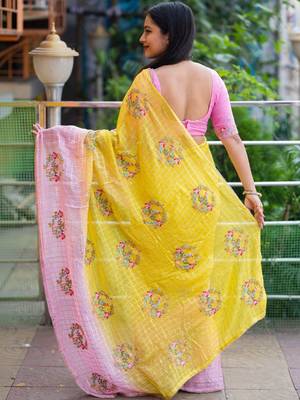 yellow floral embroidered pure georgette saree 2