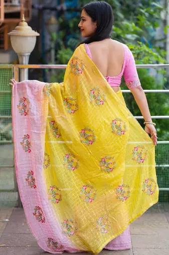 yellow floral embroidered pure georgette saree
