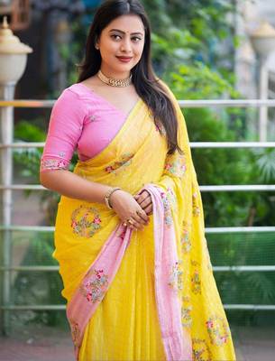yellow floral embroidered pure georgette saree 3