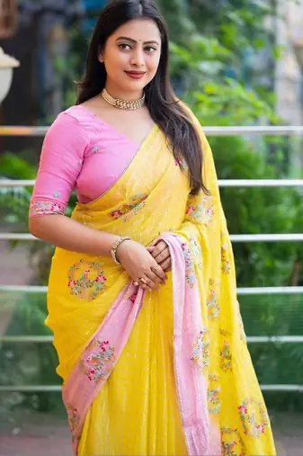 yellow floral embroidered pure georgette saree