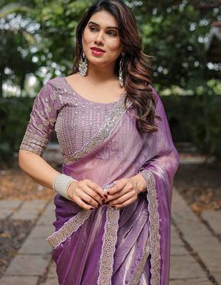 purple sequinned border pure chiffon ilkal saree 2