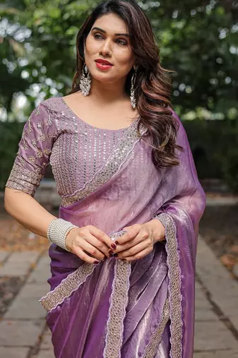 purple sequinned border pure chiffon ilkal saree