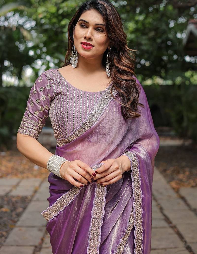 purple sequinned border pure chiffon ilkal saree