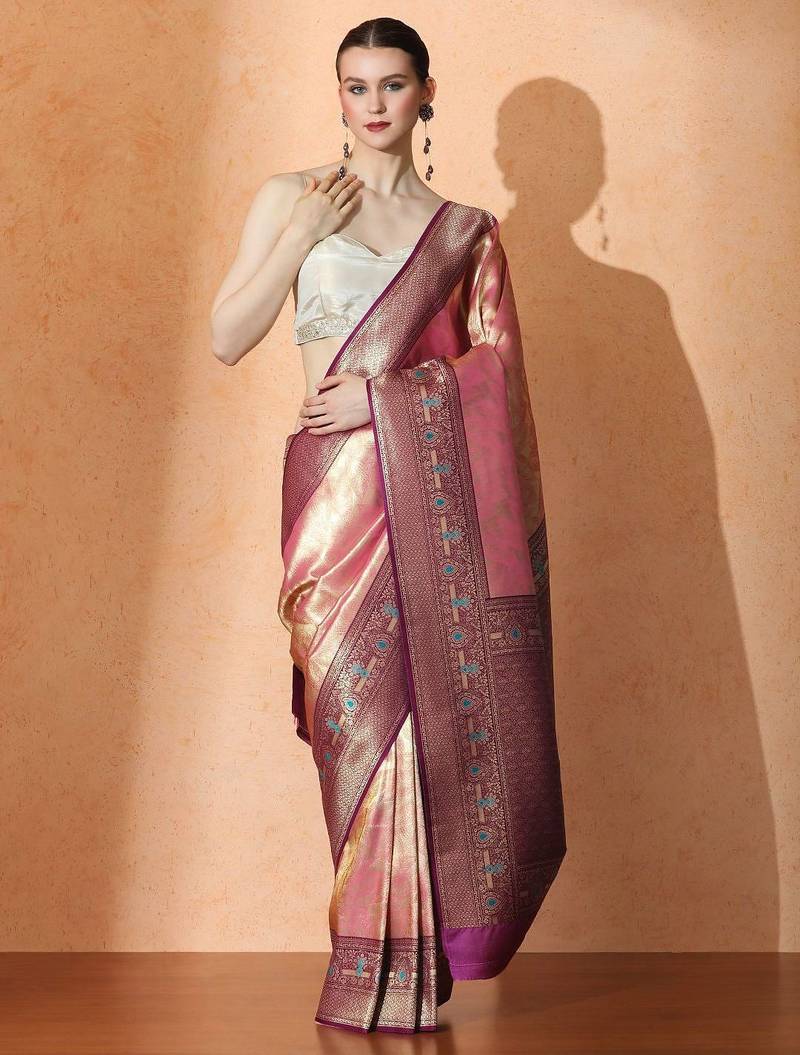 Pink floral woven design kanjeevaram saree with unstitched blouse piece