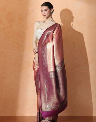 Pink floral woven design kanjeevaram saree with unstitched blouse piece 2