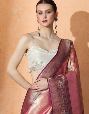 Pink floral woven design kanjeevaram saree with unstitched blouse piece 4