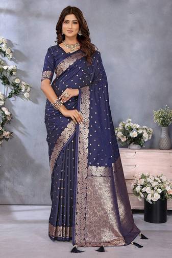 Navy blue ethnic motifs woven design zari banarasi saree