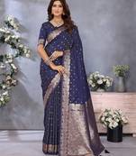 Navy blue ethnic motifs woven design zari banarasi saree
