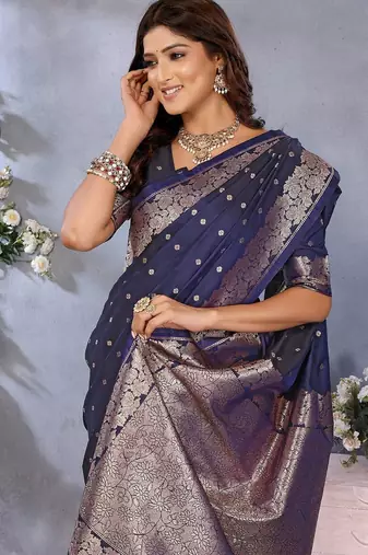 Navy blue ethnic motifs woven design zari banarasi saree