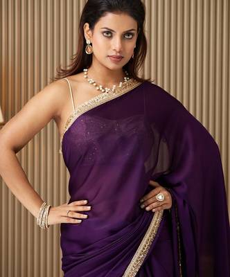 Purple embellished sequinned satin saree 1