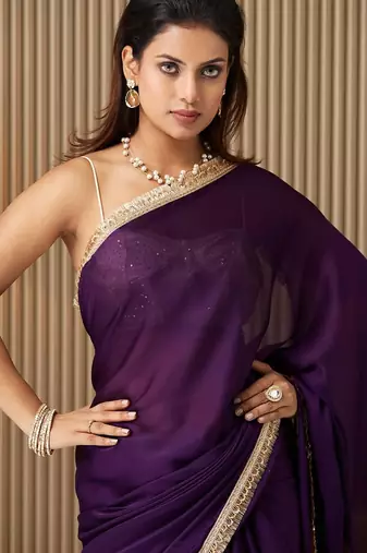 Purple embellished sequinned satin saree