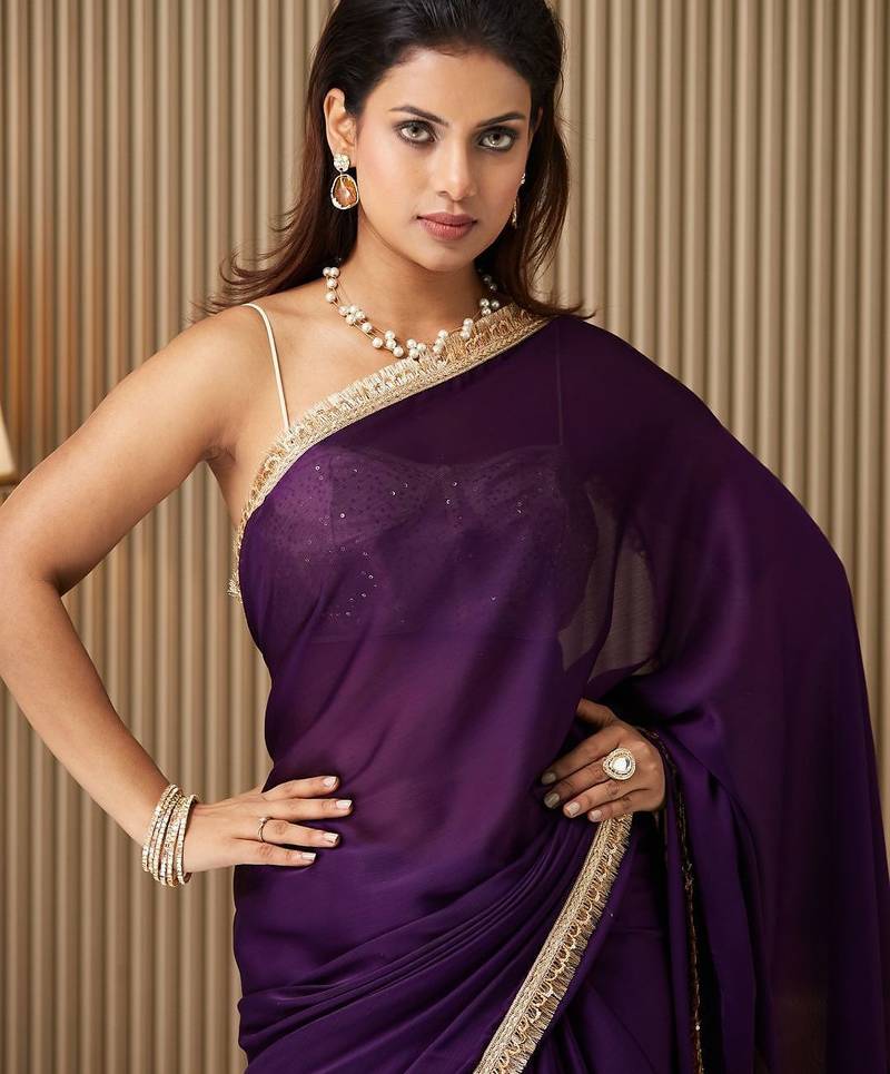 Purple embellished sequinned satin saree