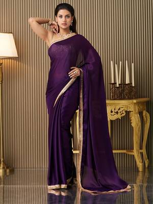 Purple embellished sequinned satin saree 2